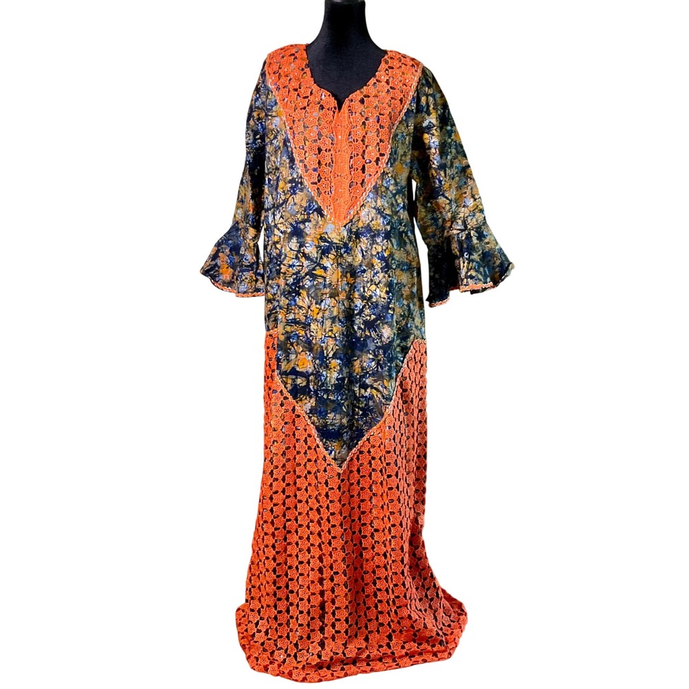 New Handmade Batik Crochet Lace Maxi Dress Sz L Bell Sleeve OOAK Boho Kaftan 70s